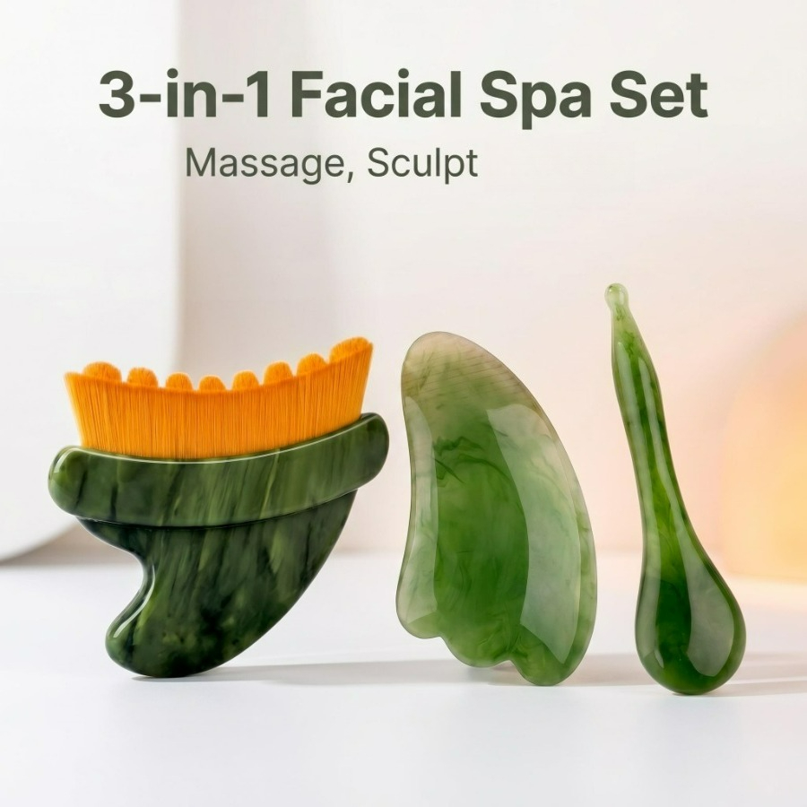 Spa Wellness Locations - 3-teiliges Gesichtsmassage-Set: Konturierpinsel & Gua Sha